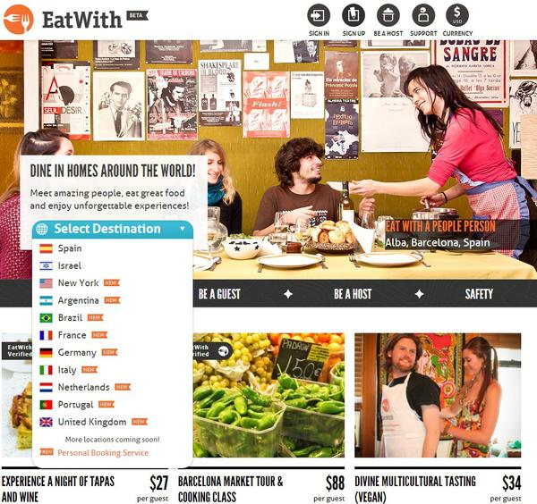 Screenshot showing EatWith's home page.